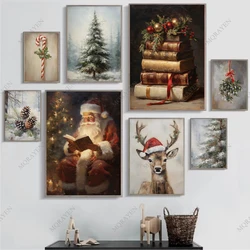 Retro Christmas Tree Gift Poster Canvas Painting Winter Farmhouse Snow Scene Pinecone Print Wall Art Living Room Home Decor