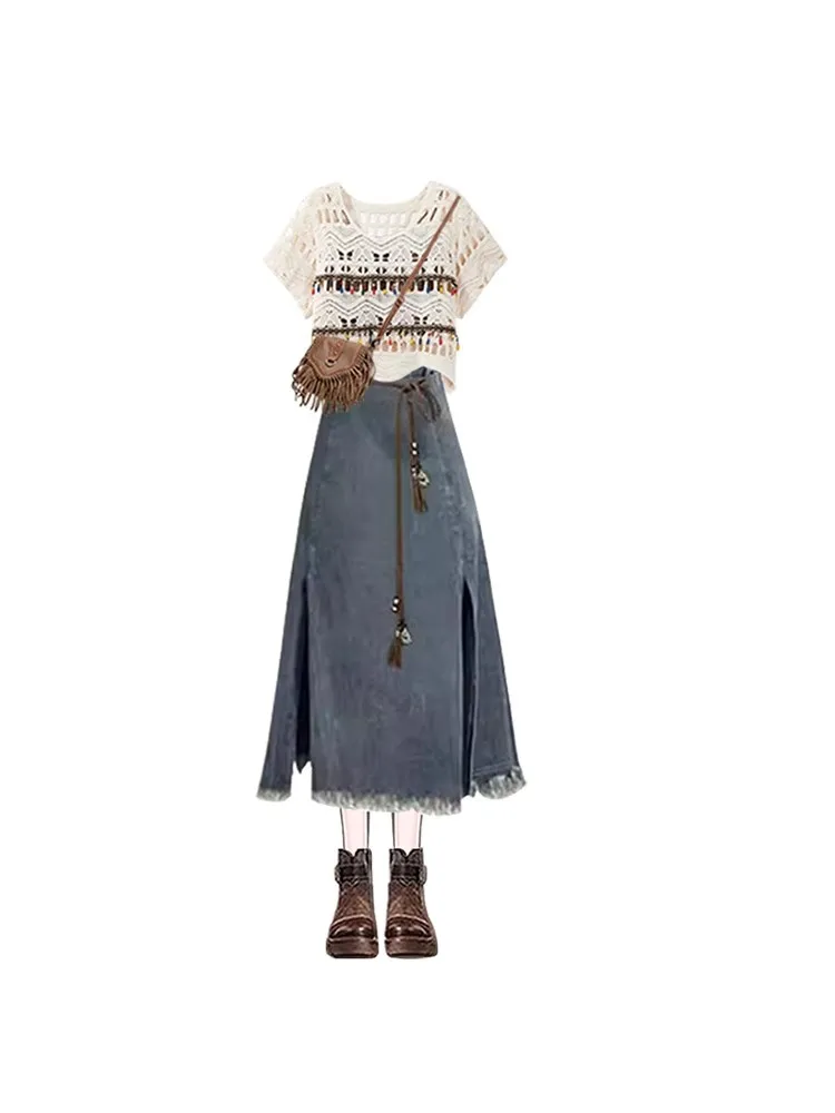Summer Travel Women's Hollow out Top And Denim Skirt Set Vintage High Waist A-Line Dr ort Sve round Ne Dr