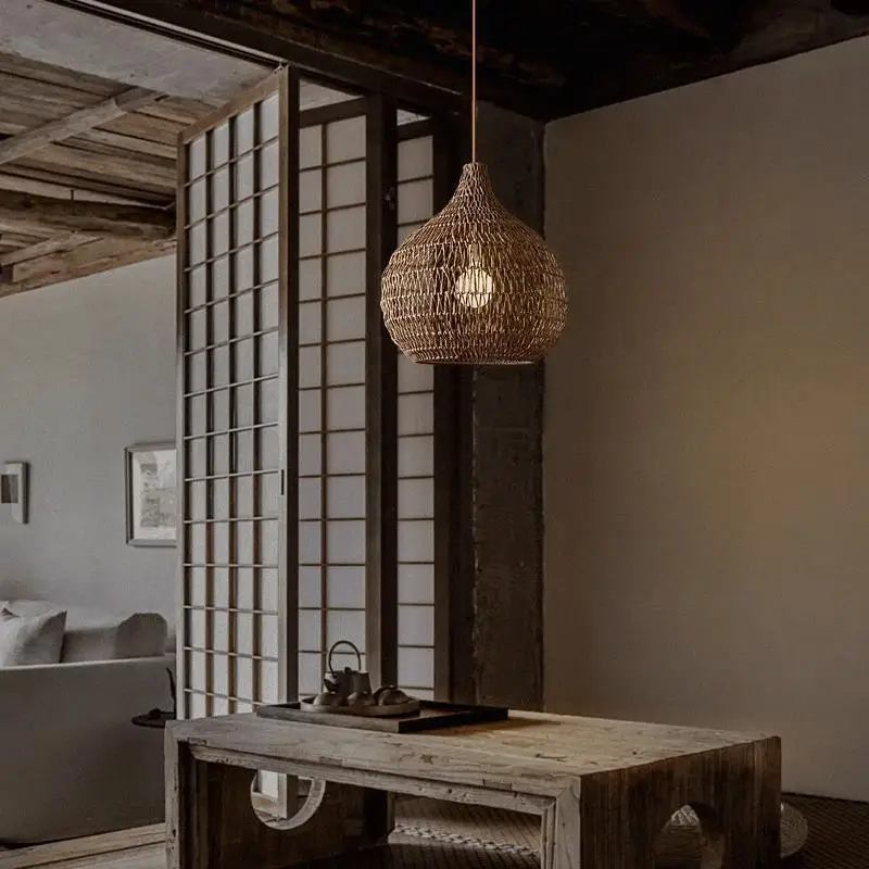 Rattan art chandelier wabi sandy wind Chinese retro restaurant hand woven chandelier homestay zen led restaurant chandelier