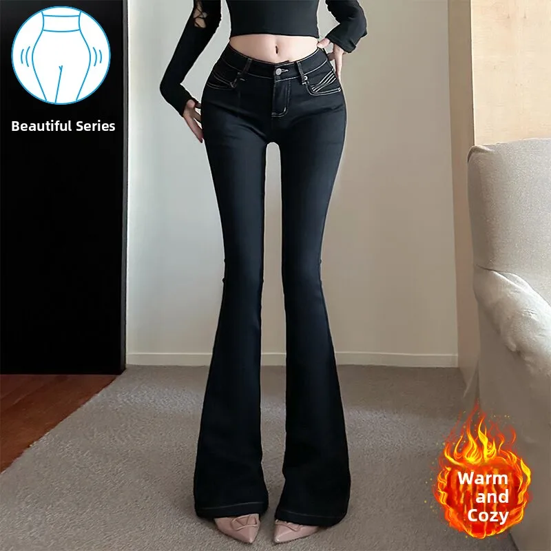 

Women's Fce Lined Flared Jeans Slim Fit High Waist Bootcut Denim Pants Warm Sli Autumn Winter Faion Trendy Girl