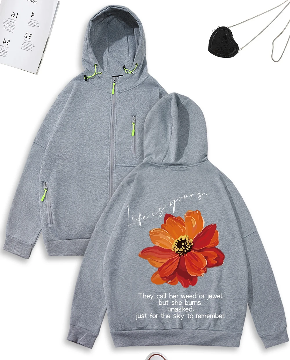 La vie est votre belle fleur imprimé femmes sweat à capuche avec fermeture éclair automne vêtements amples décontracté sweat à capuche en polaire fermeture éclair Hip Hop survêtement
