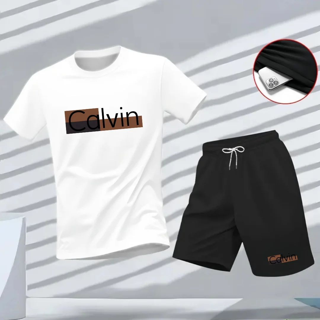 

A two-piece set of men's summer fashion casual sports and fitness pattern printed round-neck short-sleeved T-shirt top and short