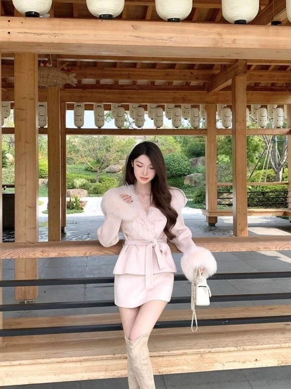 

Winter Luxury ort Woolen Coat High Waist Skirt Set Ele Lady High Faion Sensation Small Fraance Sle