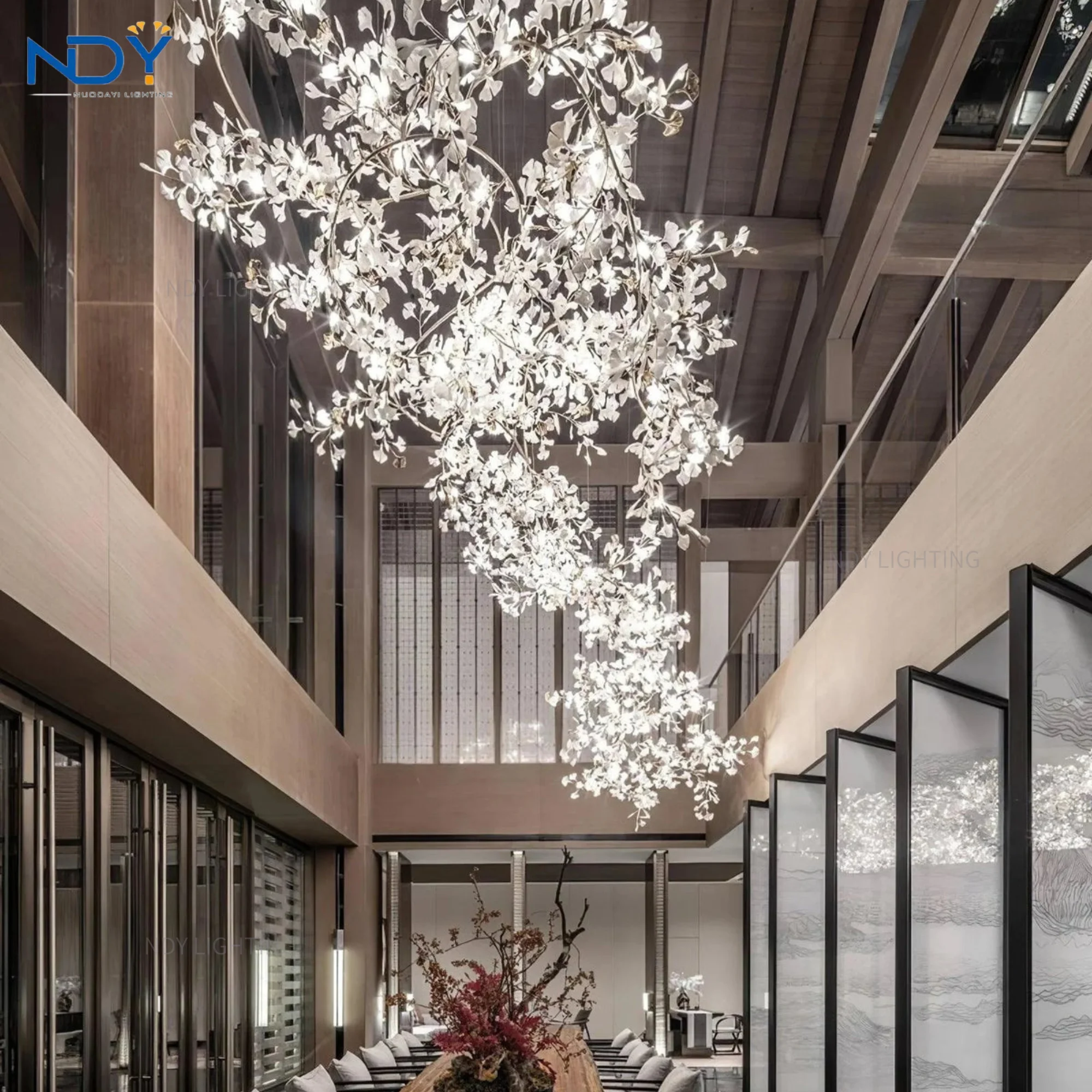 

Modern Custom Flower Shape Hotel Staircase Ceramic Ginkgo Leaf Pendant Lights Ceiling Lights Lighting Lobby Luxury Chandeliers