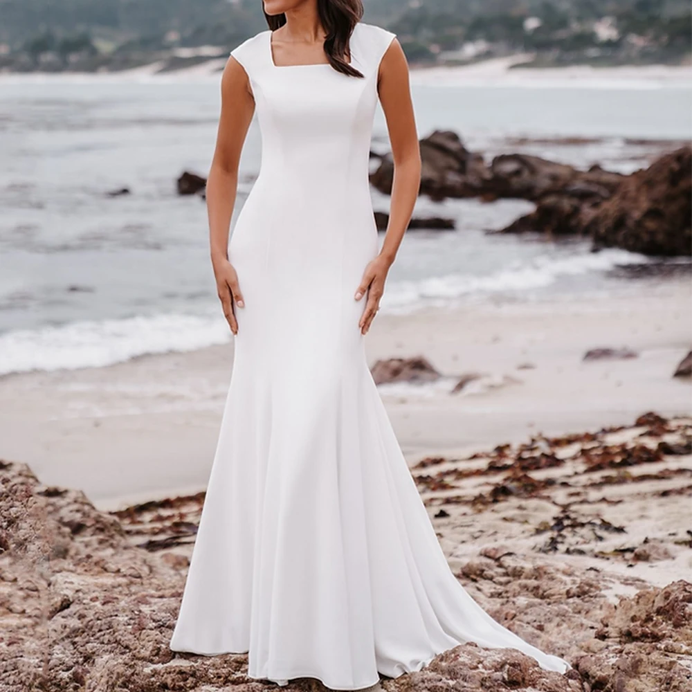 

Simple Mermaid Wedding Dress Floor Length Sweep Train Square Collar Sleeveless With Buttons Bridal Chiffon Custom Made Gowns