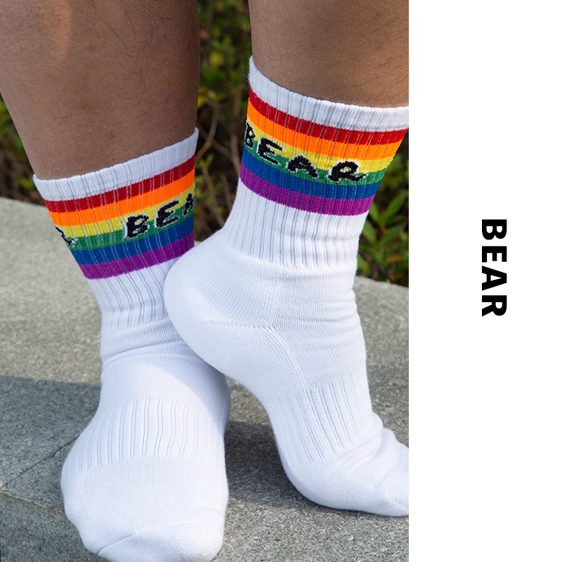 One Pair Bear Paw Claw Print Men\'s Cotton Casual Socks High Quality Man Sporting Thickened Socks For Gay Bear Rainbow White