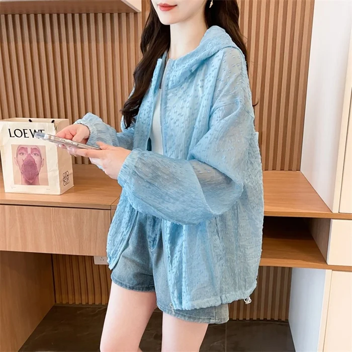 

Lightweight Breathable Women's Summer Outerwear Loose plus Size Sun Protection Open Cardigan Transparent Long Sleeve Shirt