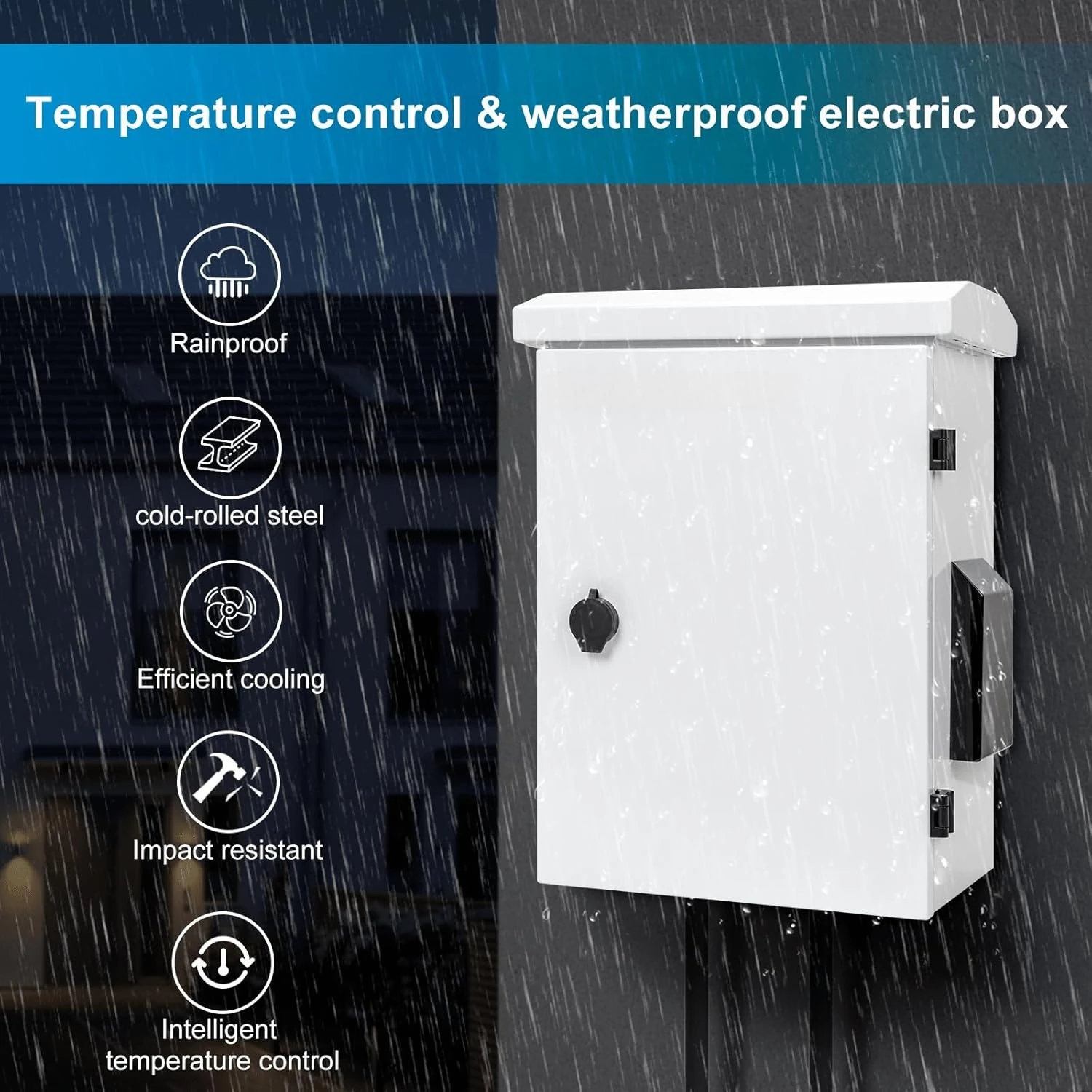 Caja eléctrica para exteriores con termostato y ventilador, placa de acero laminada en frío, resistente al agua IP65, montada en pared/poste (17,8" x 14" x 7,9")