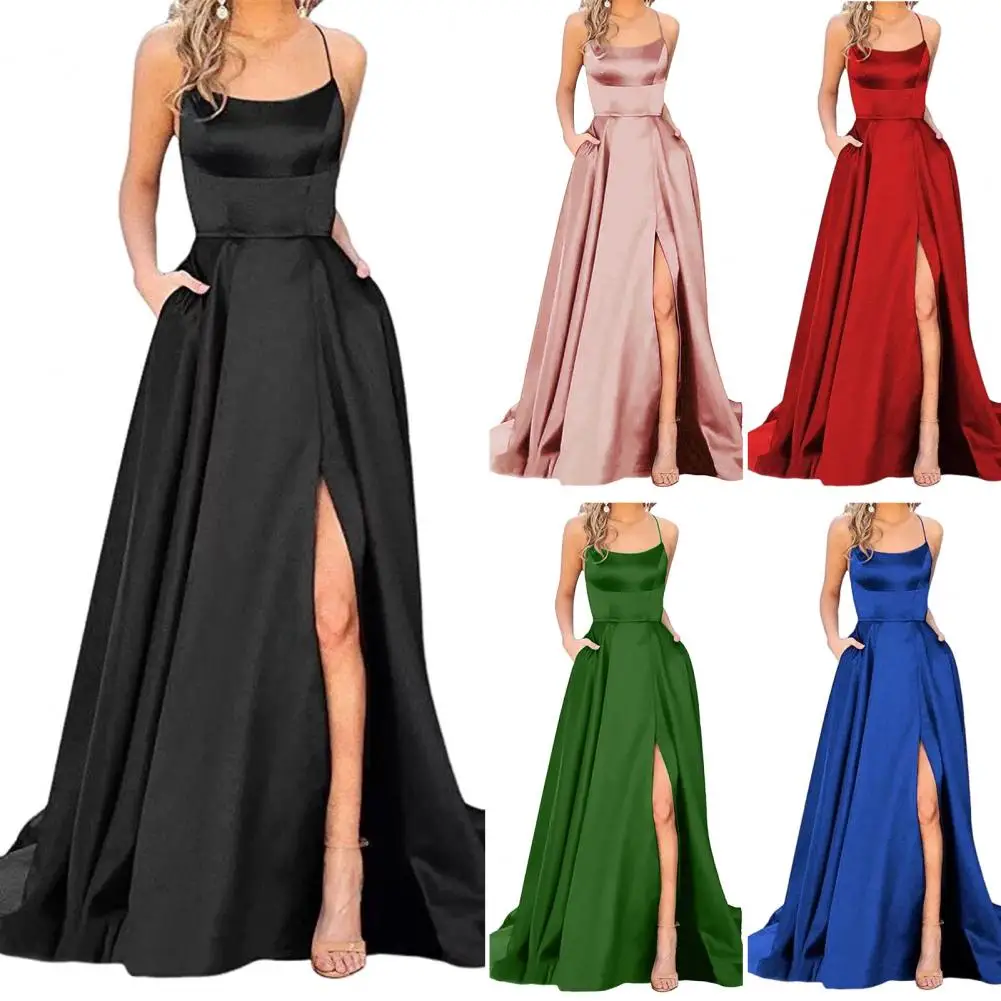 Lightweight Fabric Dress Elegant Satin Evening Dress with Spaghetti Straps High Slit Side Pockets Off Shoulder for Banquet