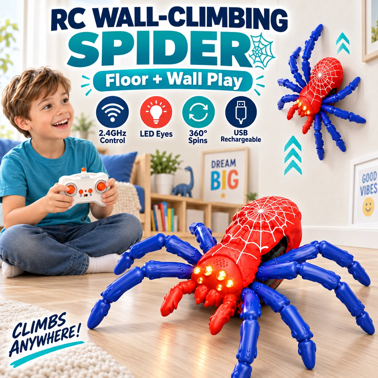 RC Wall Climbing Spider Toy, Remote Control Spider Robot with LED Eyes, 2.4GHz Rechargeable Stunt Toy, 360° Spin, Kids Ages 3-12