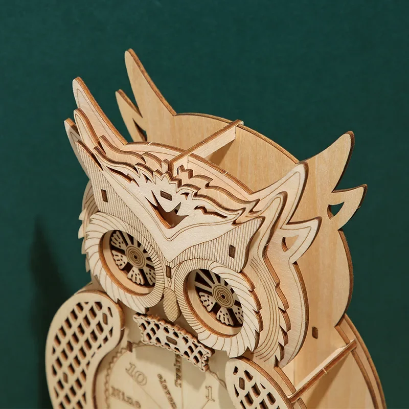 Wooden Owl Desk Standing Pendulum Clock Mechanical Model DIY Assembly Kits 3D Puzzle Toy for Home Decoration