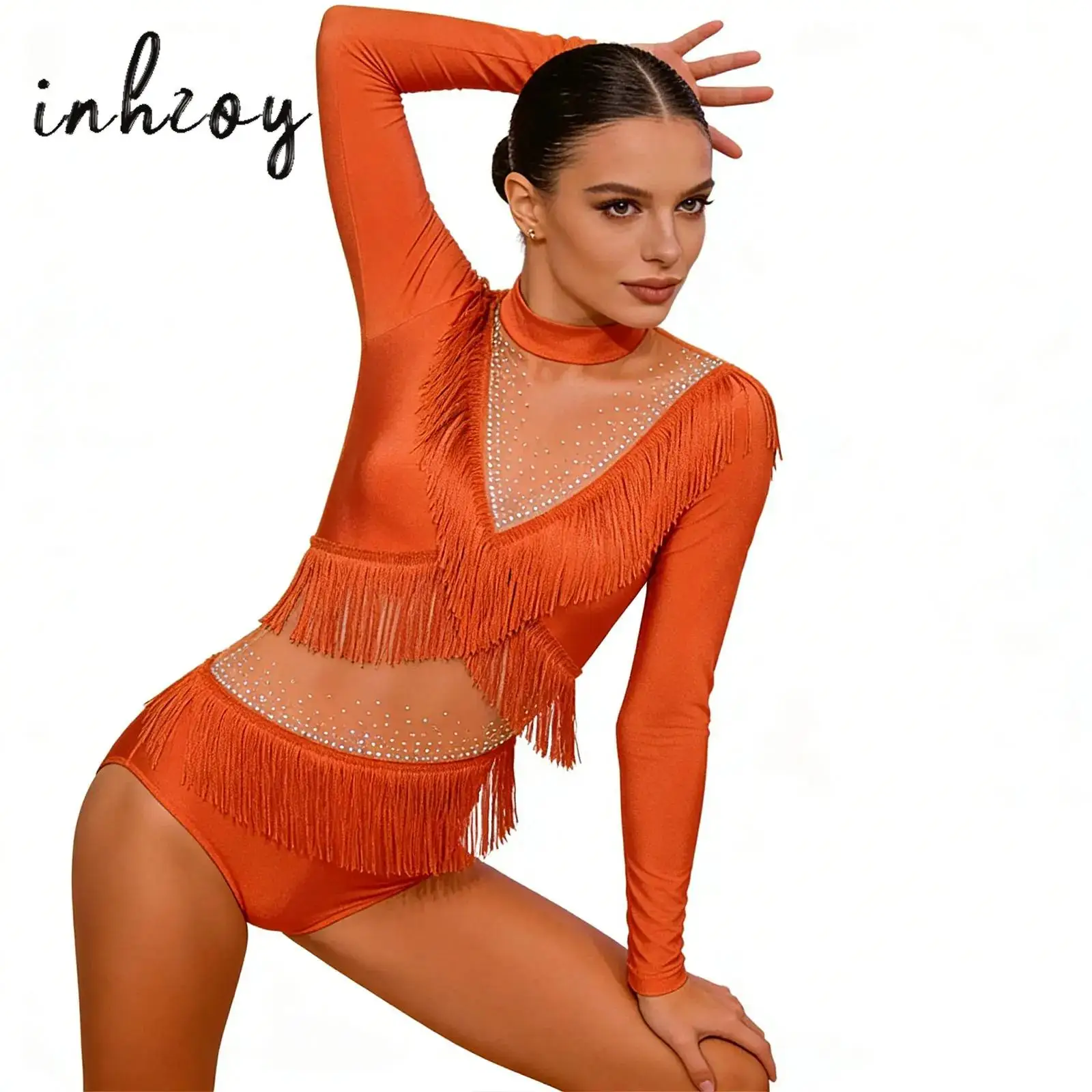 

Women Latin Dancewear Figure Skating Leotard Lyrical Dance Ballet Gymnastics Bodysuit Long Sleeve Rhinestones Tassel Jumpsuit