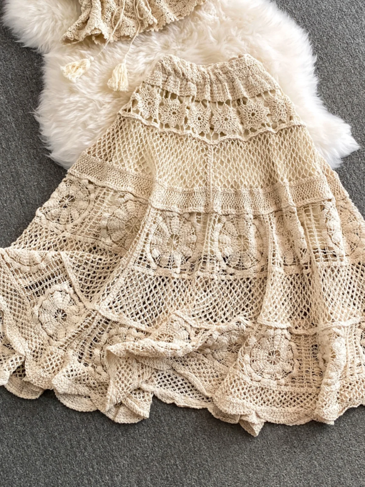 

Vaion Sle Кружевной ажурный вязаный топ и юбка с высокой талией Комплект из двух предметов с милой отделкой для женщин