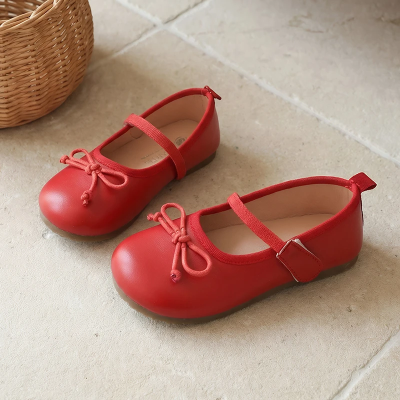 Toddler Girls Mary Jane Flats Soft Leather Dress Shoe Bow Adjustable Strap Non-Slip Lightweight Kids Shoes for Party Casual Wear