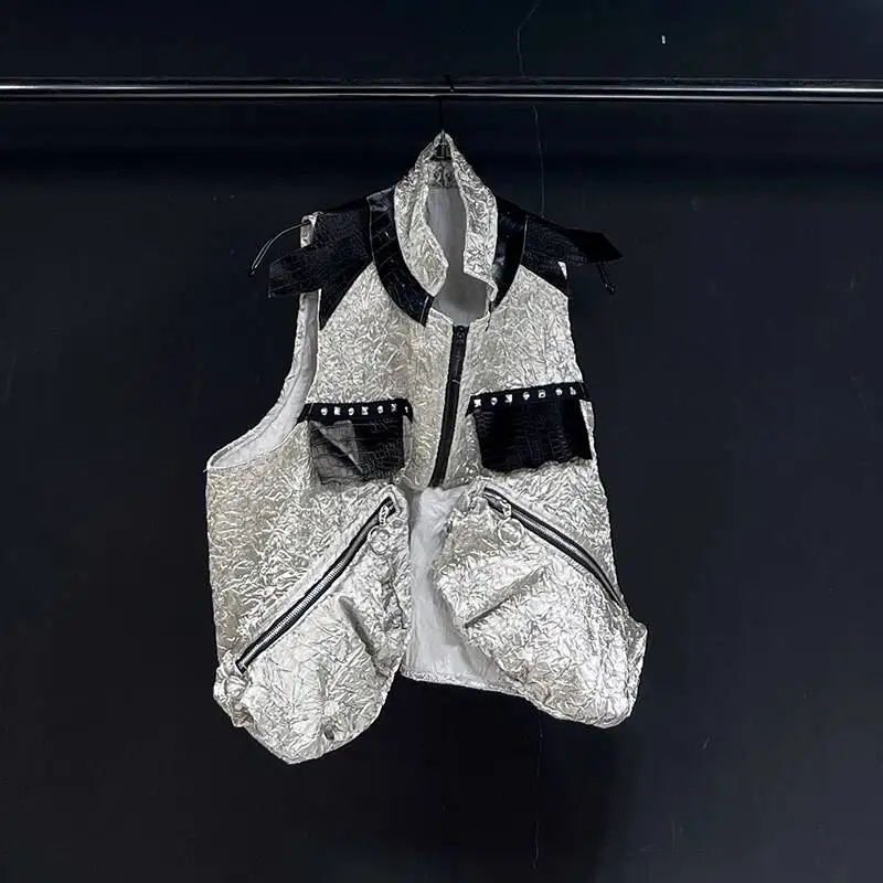 Niche Men Waistcoat Sleeveless Stand Collar Personality Spliced Zipper Decoration Summer Fashion Handsome Male Vest CNH76