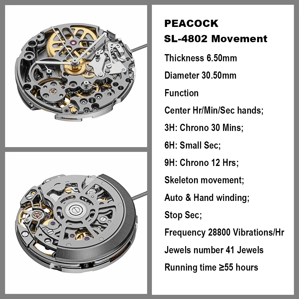 Luxury Chronograph Watch Automatic Watches Men Peacock SL4802 Chrono Movement Sports Wristwatches 40mm Diamond Clocks No Logo