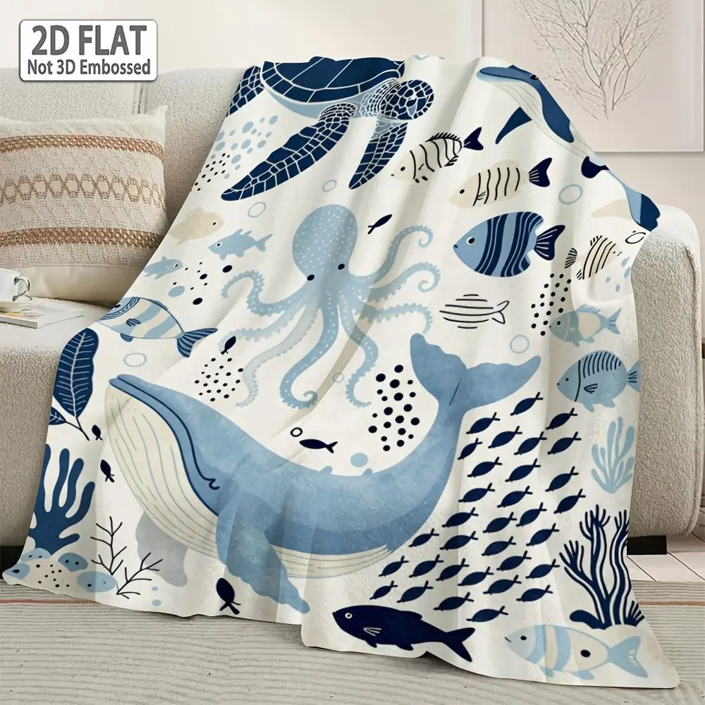 Warm Blanket with Coastal Whale Turtle Fish, Soft for Bed Couch
