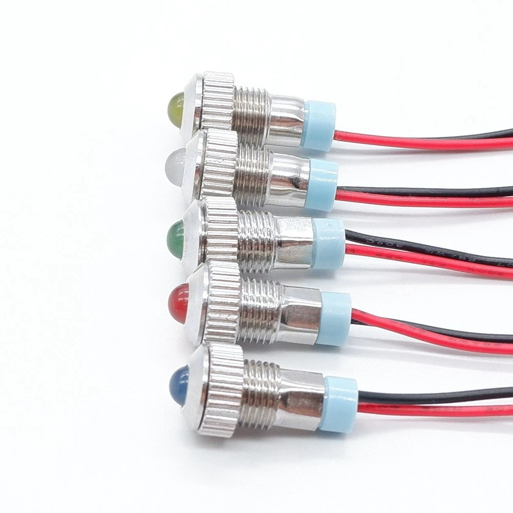 ไฟแสดงสถานะโลหะ LED ขนาด 8 มม. 100 ชิ้น พร้อมสายไฟ 3V 5V 12V 24V 110V 220V สีแดง เหลือง น้ำเงิน เขียว ขาว
