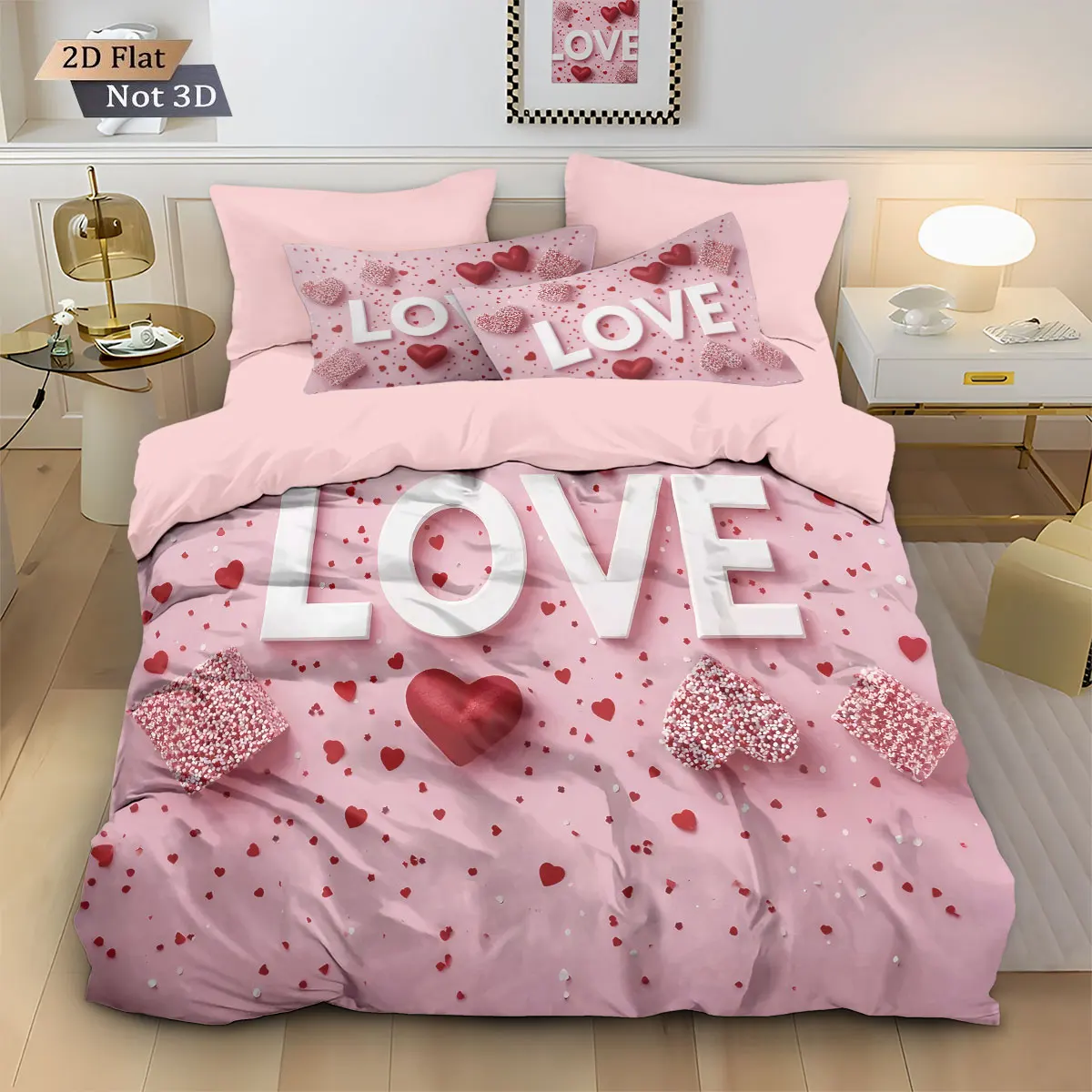 3pcs Valentine's Day Pink Heart Print Coreless Down Duvet Cover Set Multi Size Bedroom Bedding Decoration Machine Washable