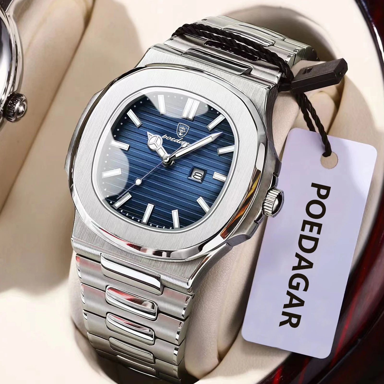 POEDAGAR Top Luxury Men's Watch Waterproof Luminous Date Stainless Steel Square Man Clock Business Sports Quartz Watches For Men
