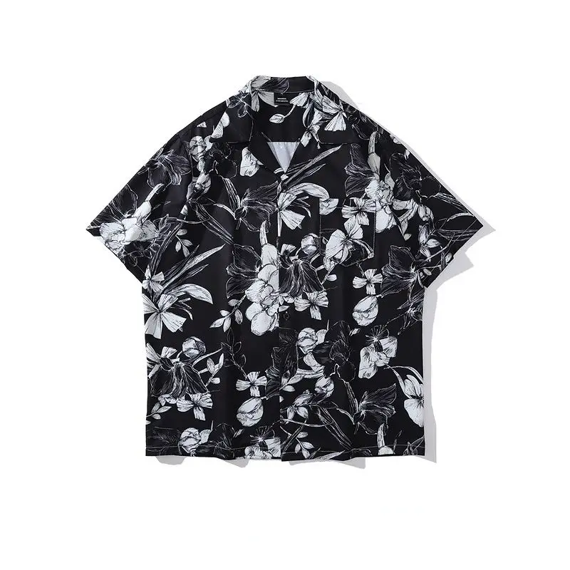 Vintage Floral Black Short Sleeved Shirt Men Trendy Brand Street Loose Casual Tops for Summer