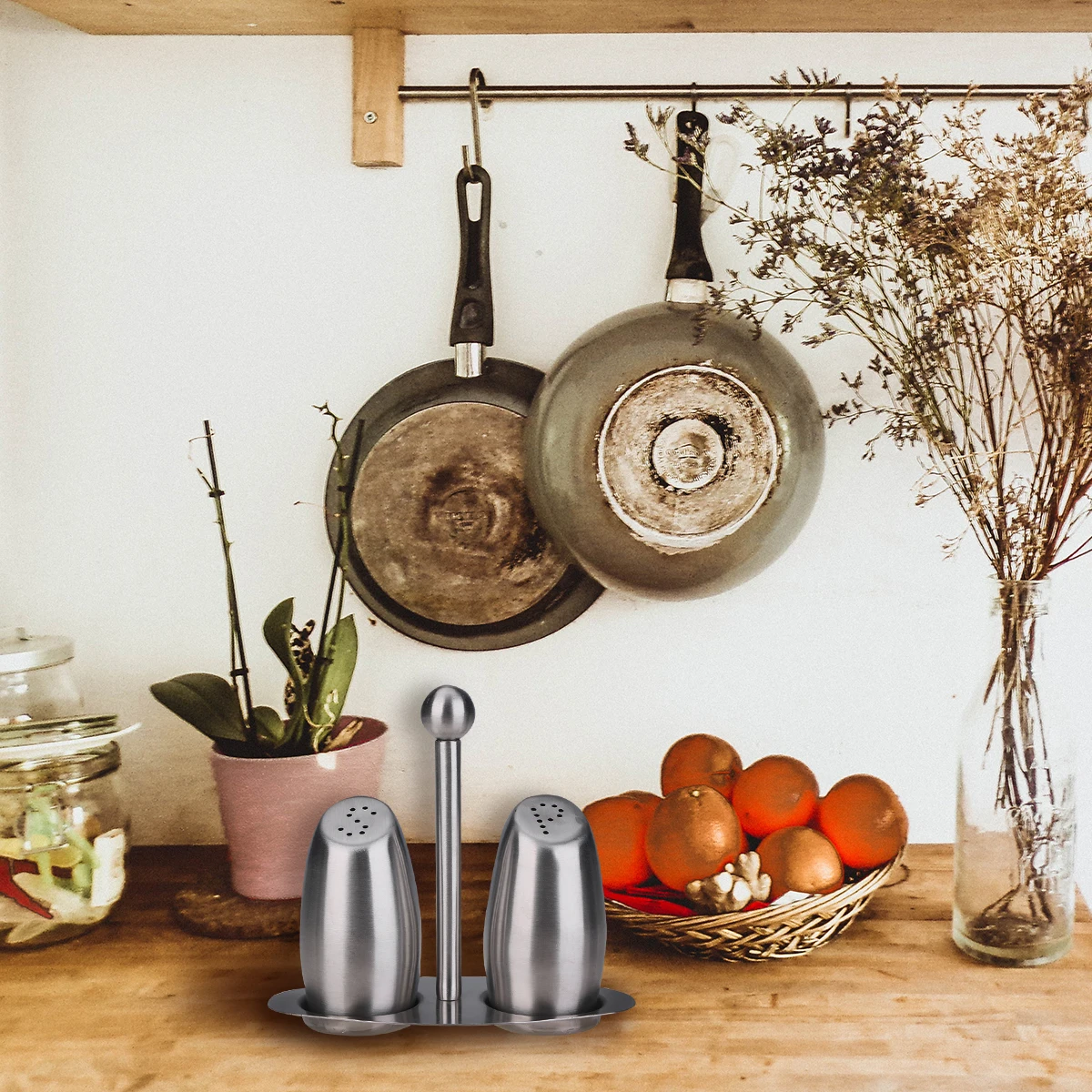 

Stainless Steel Seasoning Box Salt Pepper Container Wooden Base Kitchen Storage Organizer Home Use Silver Non Slip