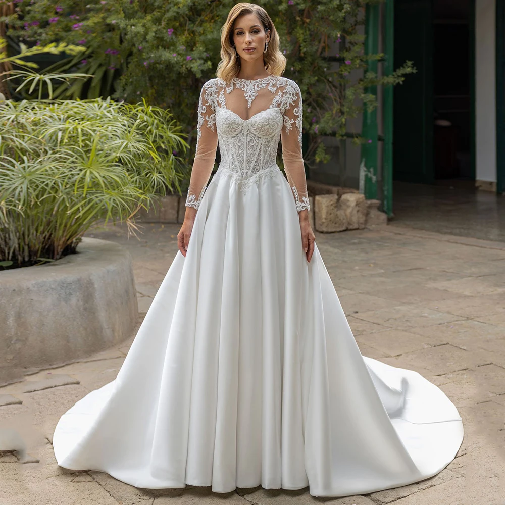 

Modern A-Line Satin Wedding Dress Chapel Train Sheer Appliques Lace Long Sleeves Crew Neck High Quality Customized Bridal Gowns
