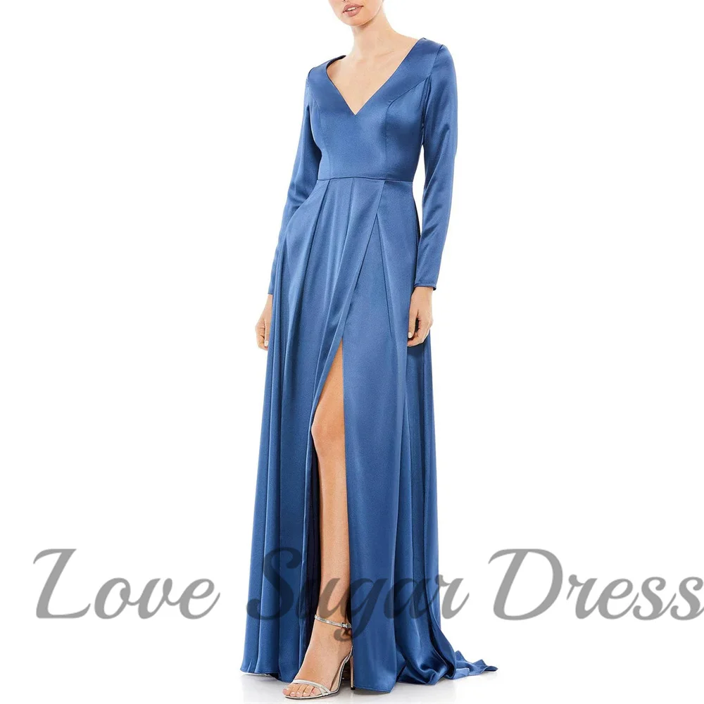 

Simple Long Sleeves Evening Dresses For Women V Neck Satin Prom Dress Elegant Side Slit Formal Party Gowns robes invitée mariage