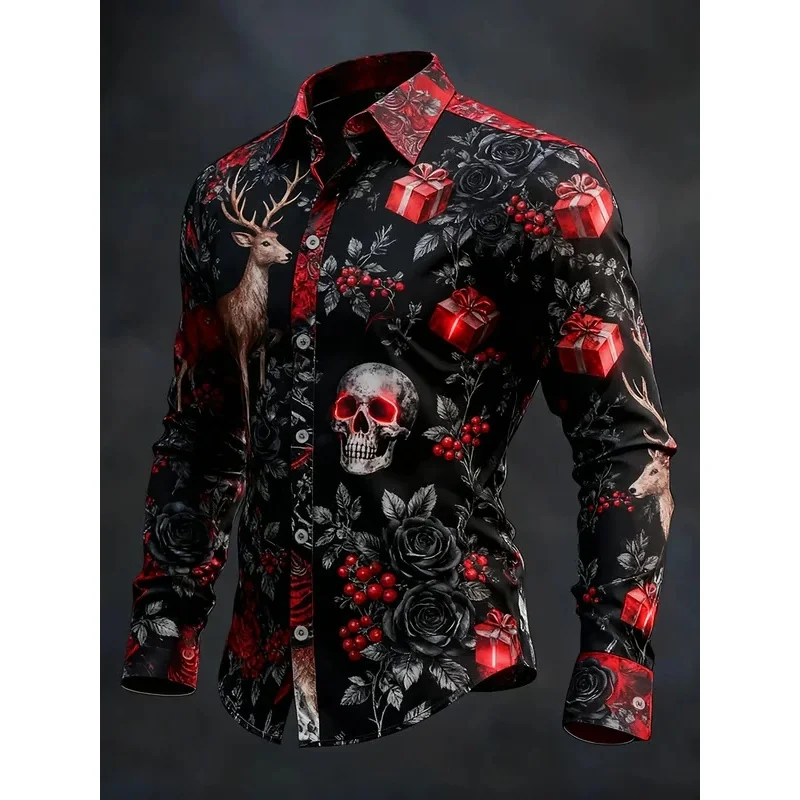 Gothic Christmas Skull Shirt for Men - Reindeer and Skull Print, Holiday Design, Casual Fit for Christmas Celebrations