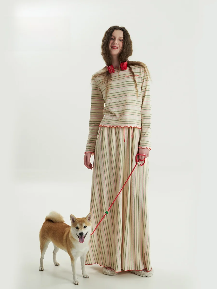 

AHA Love Luxury Striped Embroidery Casual Sweater Cardigan Long Midi Skirt Fashionable Autumn Outfit for Women in Their 30s