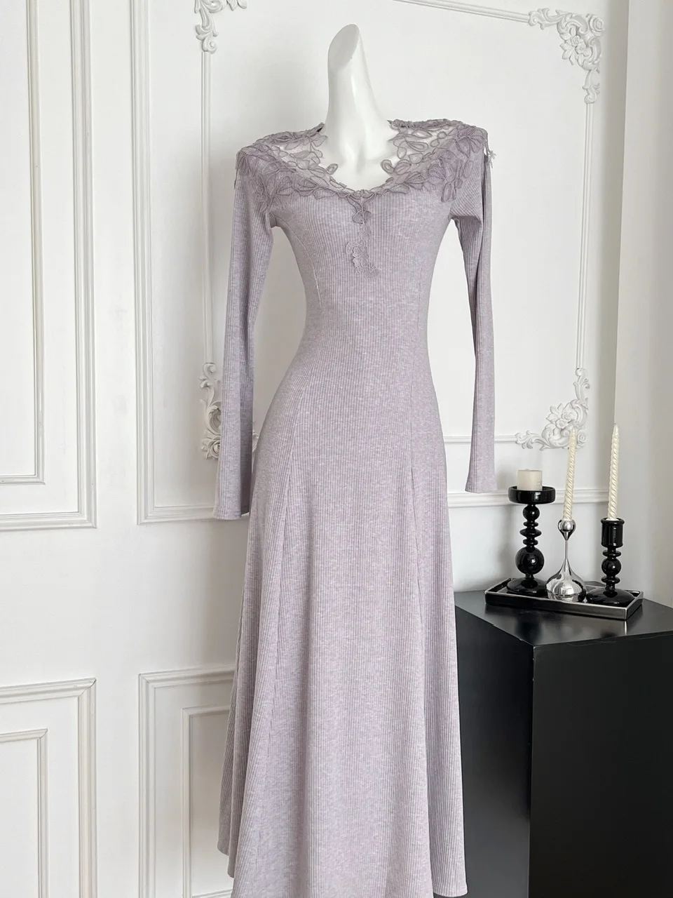 Ele renda v-ne malha dr feminino cintura alta fino ajuste a linha na altura do joelho vestido para o outono par usar malha macia dr
