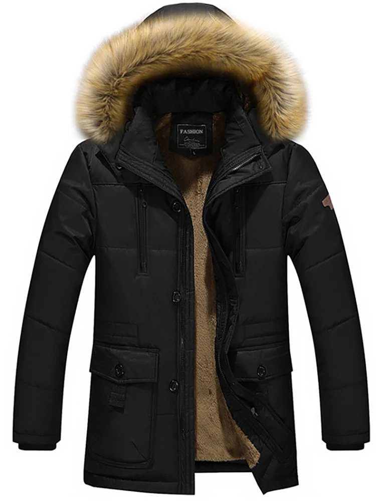 TRAF Winter Men\'s New Zipper Large Pockets Raccoon Collar Hair Medium-Length Padded And Thickened Cold Warm Cotton Jacket Coat