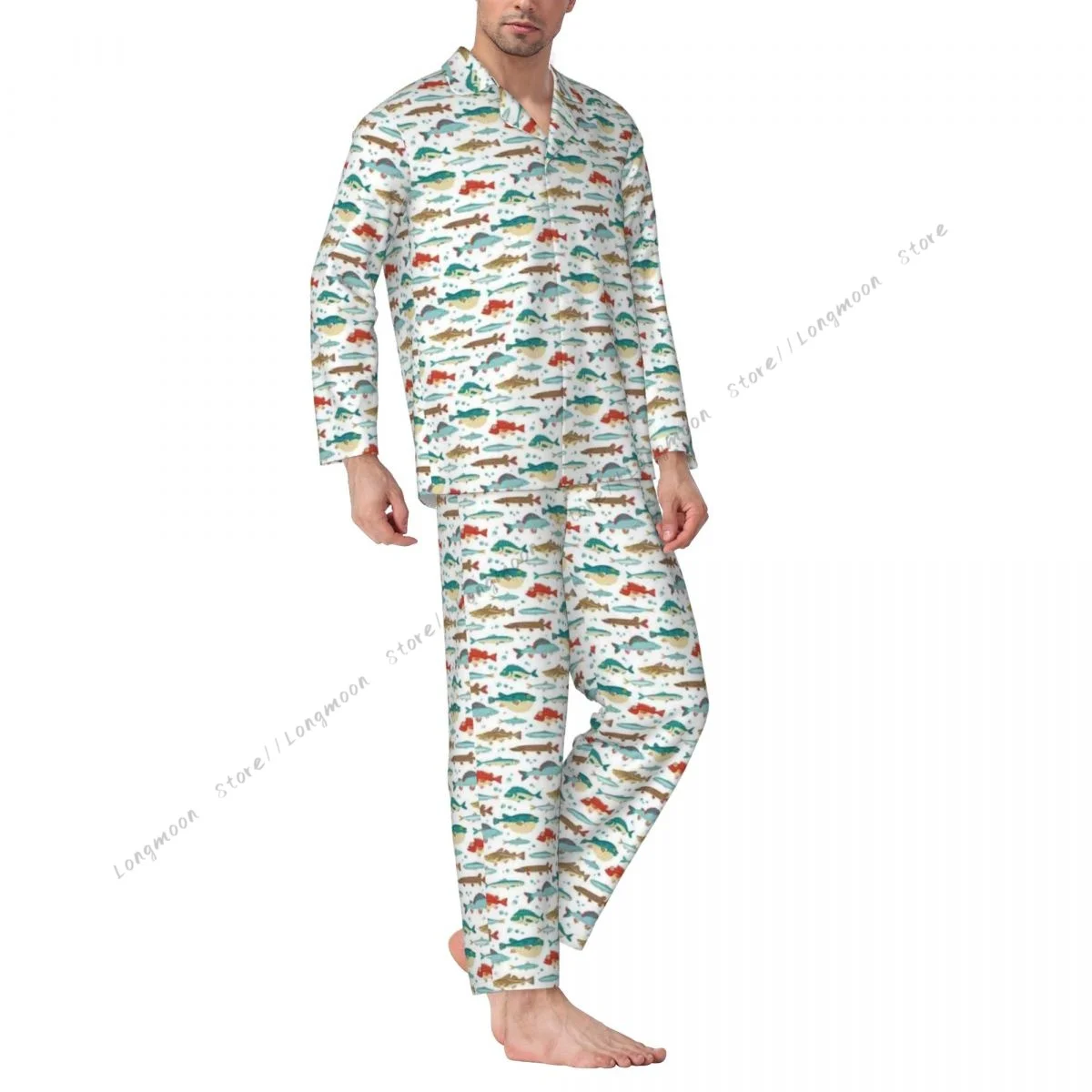 Men's Pajama Sets Colorful Ocean Fish Cartoon Pufferfish Blowfish Sleepwear Long Sleeve Leisure Outwear Autumn Winter Loungewear