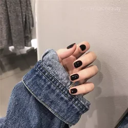 24pcs Black Short Round Coffin Fake Nails With Glue Seamless Removable Wearing False Nails Full Cover Acrylic Press On Nails Set