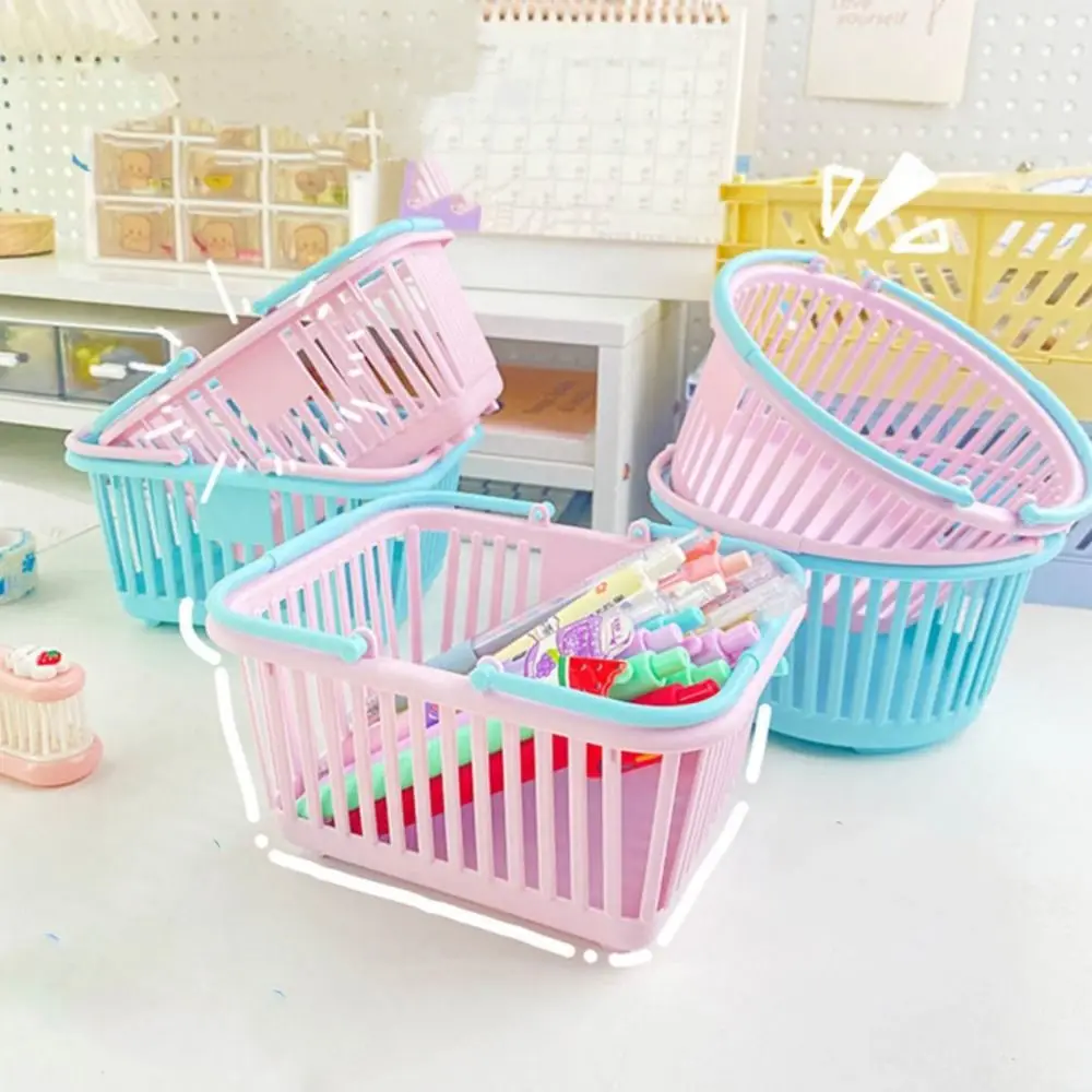 Round Macaron Plastic Storage Basket Folding Handle Reusable Cartoon Cute Little Basket with Handle Square