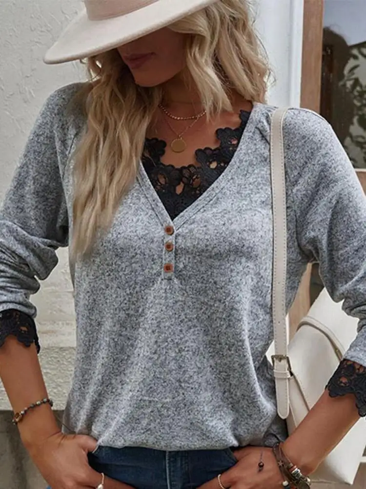 

Loose Knitted Lace Panel V-ne Casual Sweater Street Sle Hollow out Long Sve Moisture ng Single Button Closure