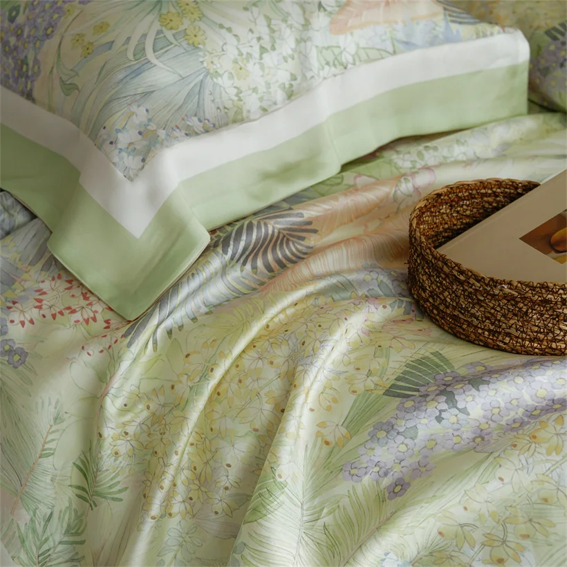 Luxury 100% Mulberry Silk Bedding Set 4pcs Foral Print Duvet Cover Bed Sheet Pillowcase Queen King Size Fitted Sheet Bed Linen