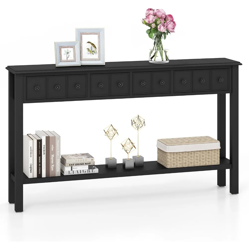 طاولة كونسول ضيقة مع مساحة تخزين - 60 طاولة جانبية للأريكة الطويلة مع 4 أدراج ورف مفتوح وأرجل خشبية صلبة، مستطيلة