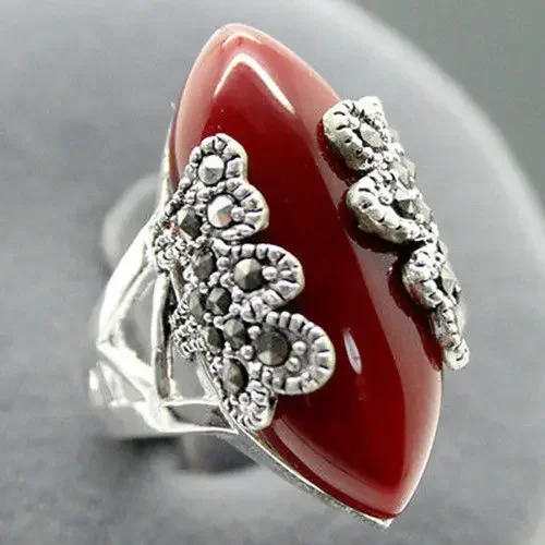 Beautiful Marcasite 925 red coral jewelry sterling silver ring size 6-9