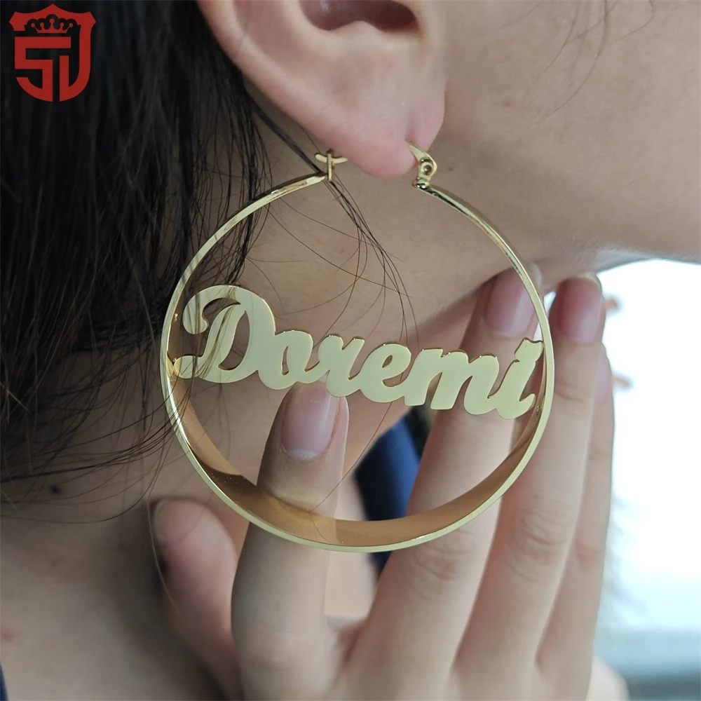 

2023 Personalized Gold Plated 30-90mm Hallow Name Earring Custom Stainless Steel Chunky Hoop Earring For Women Jewelry Gifts