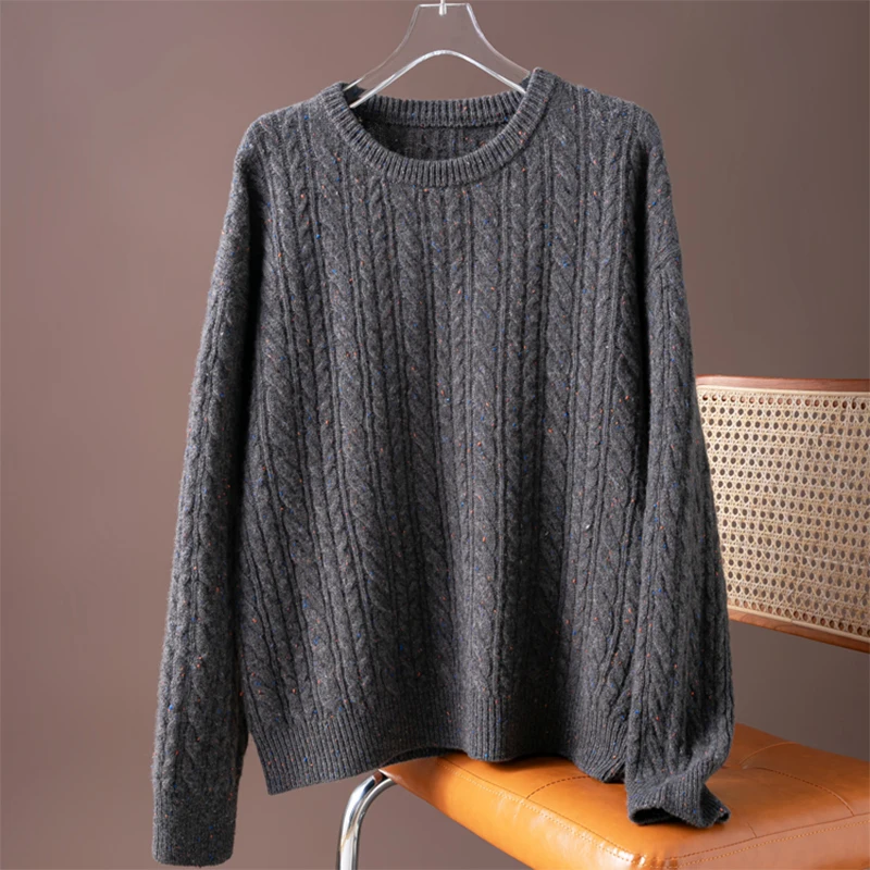 Women Sweater 100% Natural Wool Gray Twist Knitted Loose Type O Neck Long Sleeve Pullover Top 2026 Warm Autumn Winter M1474