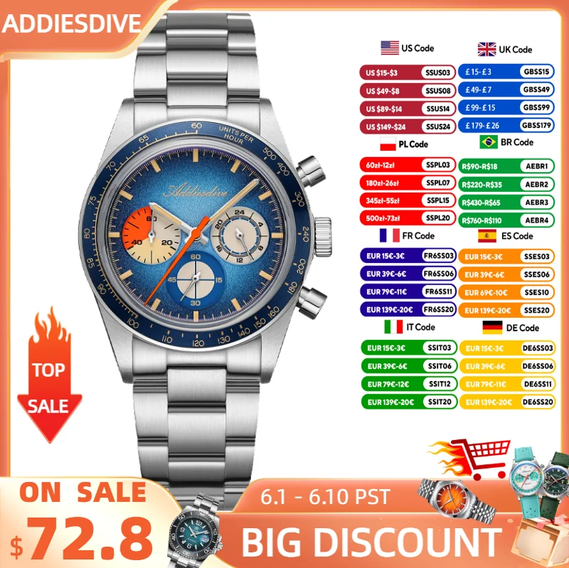 

ADDIESDIVE 2026 New Men Watches Domed Glass Quartz Wristwatch Luxury 0S20 Chronograph C3 Luminous 100m Waterproof Dive Watch