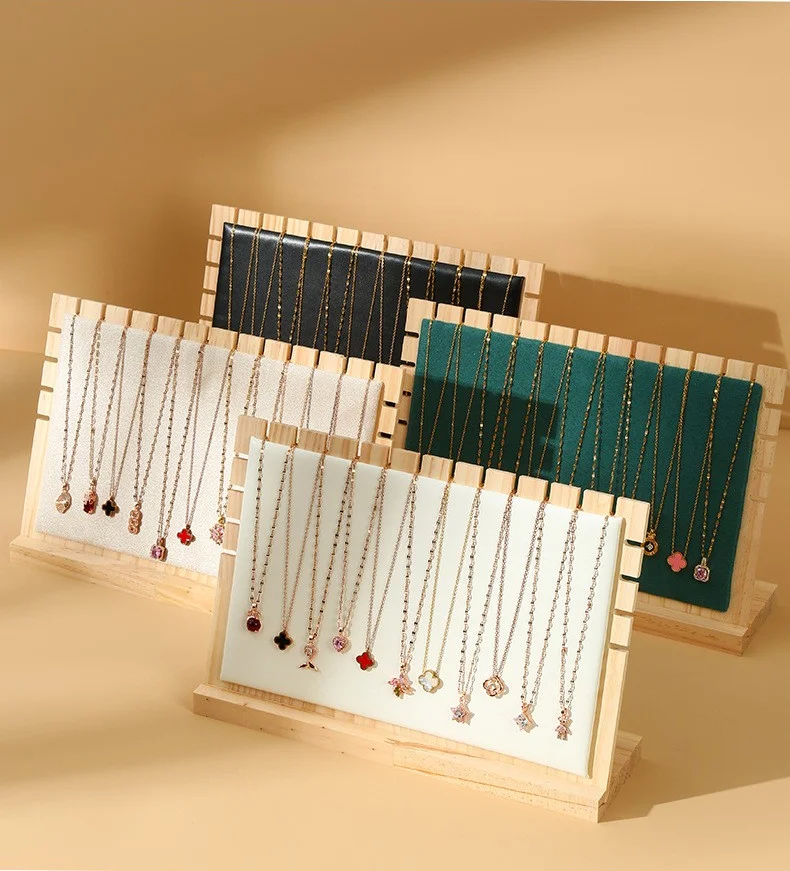 Creative Bamboo Necklace Display Stand with Leather Mat - Solid Wood Jewelry Organizer for Home/Shop Store Selling Show