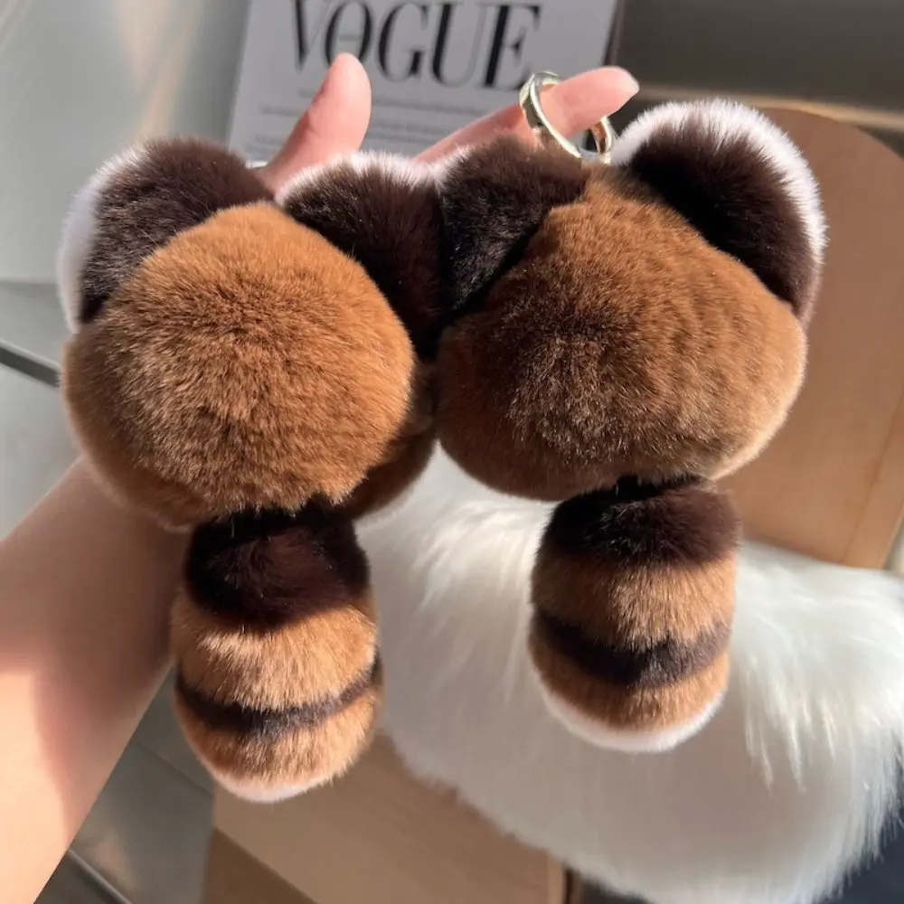 Big Tailed Raccoon Fur Keychain Metal Rings Stuffed Animal Rex Rabbit Fur Key Rings Furry Doll Ornaments Raccoon Pendant