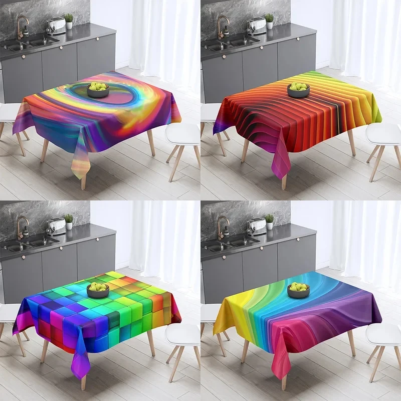 VIKAMA Colorful Rainbow Tablecloth Gradient Abstract Print Waterproof Rectangular Dining Table Cover Kitchen Decor Cloth