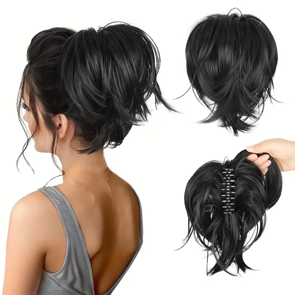 

Черный короткий зажим для когтей, синтетический хвост, наращивание волос, гибкий грязный пучок, волнистые вьющиеся синтетические шиньоны для женщин