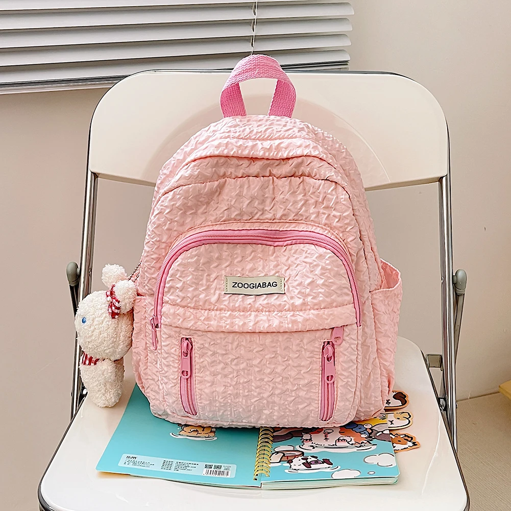 Students Backpack Solid Color Nylon School Handbag Multi-Pocket Folds Lightweight Scratch Resistant Adjustable Daily Leisure