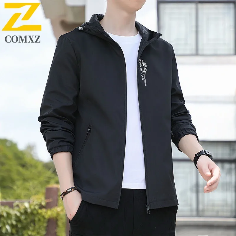 

COMXZ 2025 Mens Hooded Jacket Spring Autumn Lightweight Outdoor Single Layer Casual Hiking Windproof Waterproof Coat