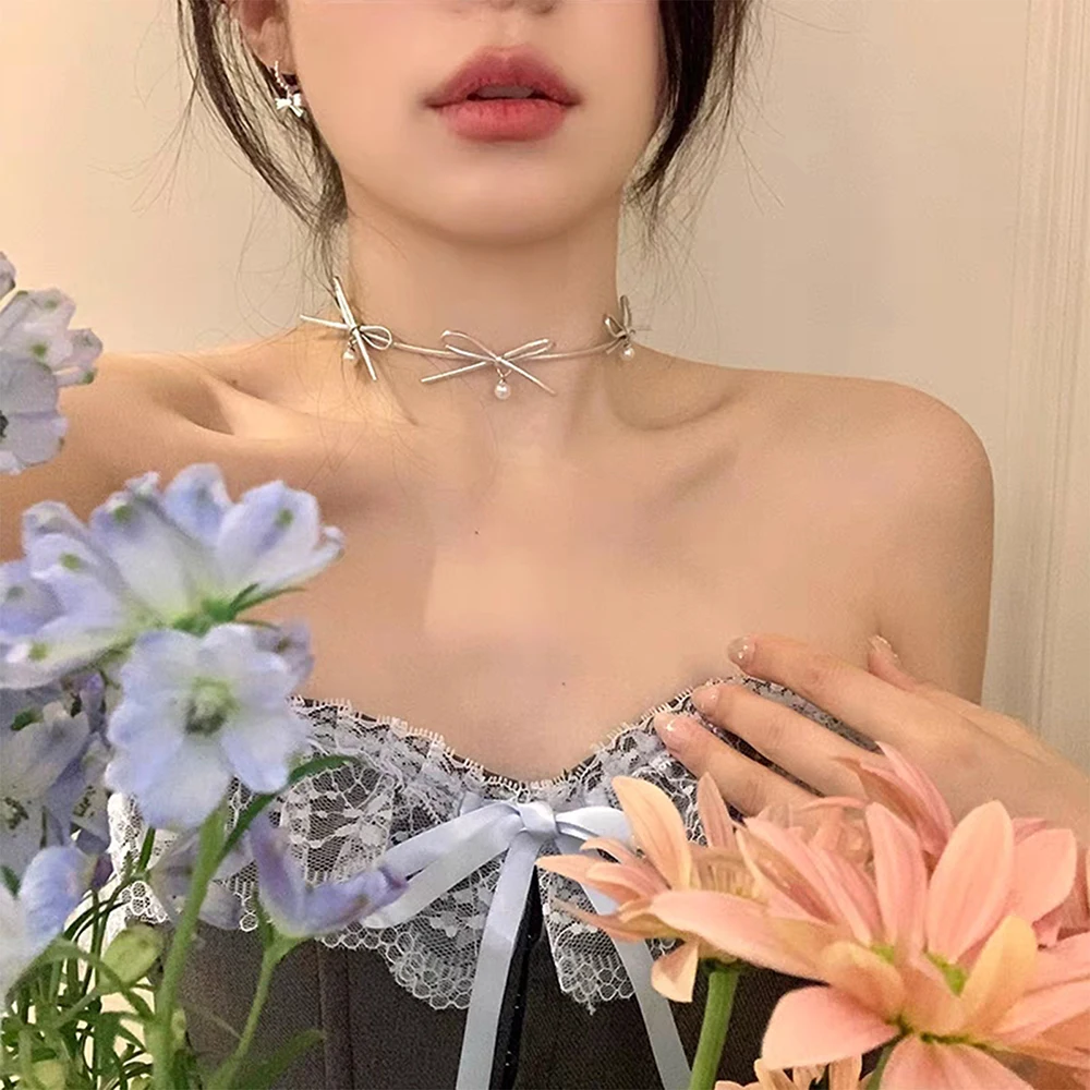 Korean Style Bow Pearl Women's Necklace Pendant Concert Party Travel Leather Choker Collarbone Chain Jewelry Accessory Girl Gift