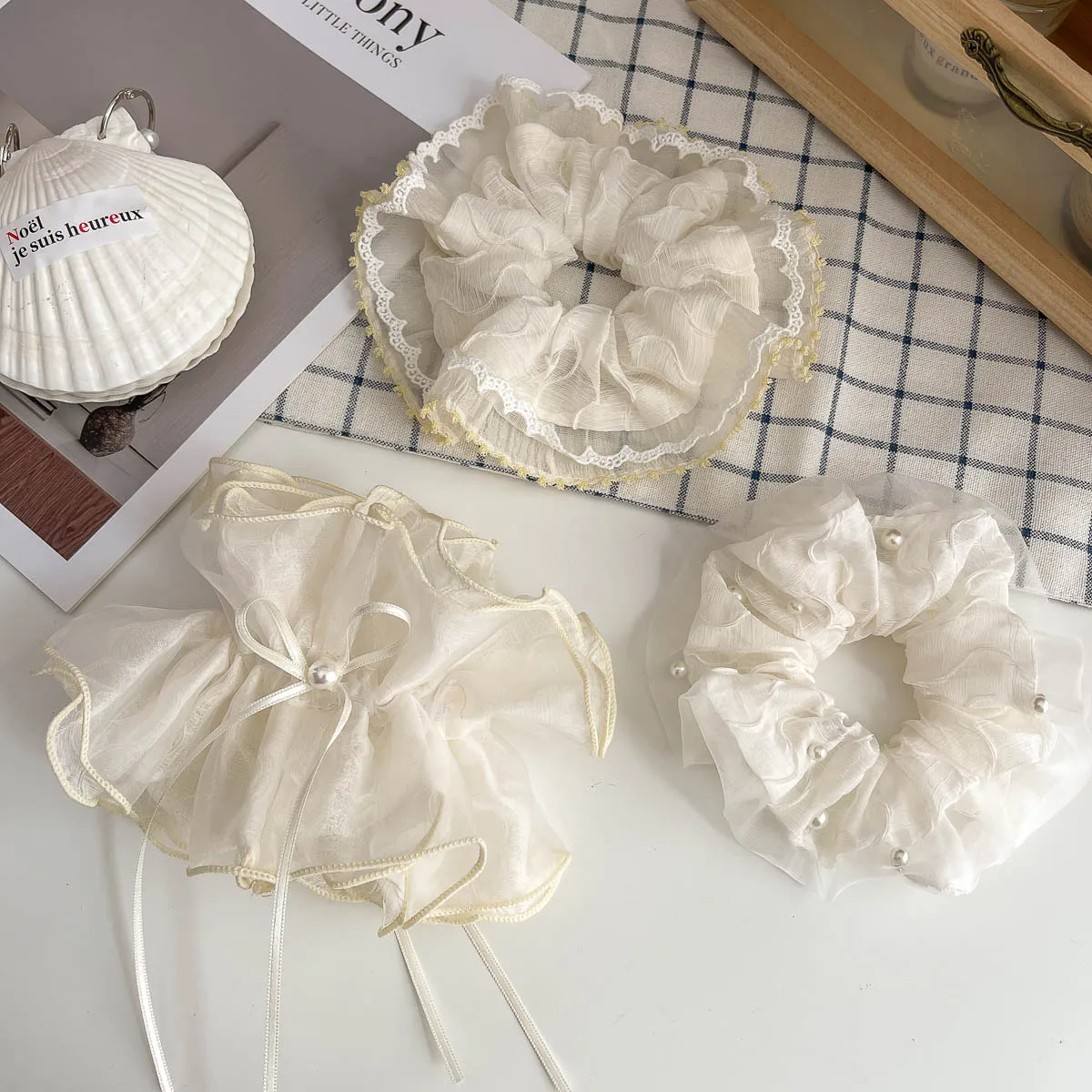 French Style Beige Lace Pearl Large Scrunchies Elastic Hair Band Girl Hair Rope Tie Ponytail Holder Rubber Band Hair Accessories